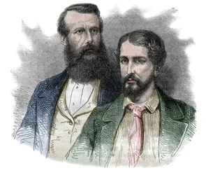 Porträtt av John Hanning Speke, brittisk upptäcktsresande, och James Augustus Grant, brittisk soldat och upptäcktsresande. Tillsammans utforskade de källorna till Nilen - gravyr från "" Den pittoreska historien om stora resor under artonhundratalet"". 1877