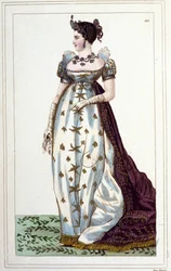 Porträtt av Joséphine av Beauharnais Bonaparte (1763 - 1814), fransmännens imperator i kejserlig kostymgravyr från 1830