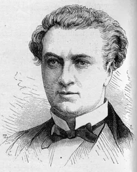 Porträtt av Jules Laroche, fransk komiker, medlem av Comedie Francaise från 1870 till 1893. Gravyr i "" Le Monde Illustré"" nr 1168 den 16 augusti 1879.