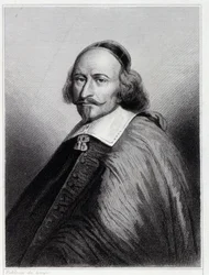 Porträtt av Jules Mazarin (Giulio Raimondo Mazzarino eller Mazarino) (1602-1661), fransk kardinal och politiker - i "Fransmännens historia"" av Lavallée, gravyr, sd.