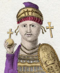 Porträtt av Justinianus I (Den store) (Flavius Petrus Sabbatius Justinianus).482 - 565. Romersk kejsare av Orienten.