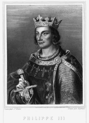 Porträtt av kung Filip III av Frankrike, känd som Philip the Hardi (1245-1285) (Kapetian dynasti). Philippe III, kung av Frankrike. Filip III den djärve (1245-1285) - i "" Histoire des Français"" av Lavallée, gravyr, sd.