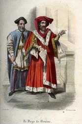 Porträtt av Leonardo Loredan (Loredano) (1436-1521), doge av Republiken Venedig. Gravyr från 1842 i "Histoire des popes"" av Maurice Lachatre. Privat samling.