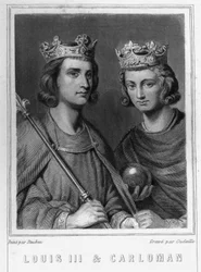 Porträtt av Ludvig III (ca 863 - 882), kung av Frankrike och Carloman (? - 884), kung av Frankrike