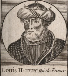 Porträtt av Ludvig II the Begue eller den lata (846 - 879), kung av Francs - Ludvig II Stammeraren 848 till 879 - gravyr från "Instruktion om Frankrikes historia"" av Charles Constant Le Tellier