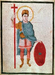Porträtt av Ludvig I den fromme eller Debonnaire" (778-840), kung av Frankrike"" miniatyr i "The Lauds of the Holy Cross" (eller Code of Vienna) av Rabanus Maurus Magnentius (eller Raban Maur eller Rabano Mauro) ( ca 780-856), 830 runt Wien, Osterreichisch