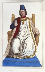 Porträtt av Ludvig XI i kostym av Sankt Michels orden (1423 - 1483). gravyr från 1830