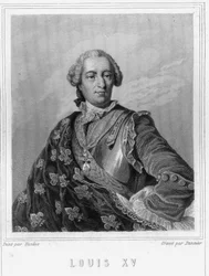 Porträtt av Ludvig XV (1710 - 1774), kung av Frankrike - i "Histoire des Français"" av Lavallée, gravyr, sd.