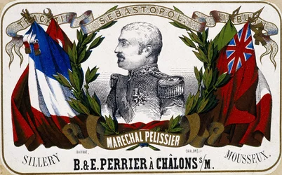 Porträtt av Maréchal Pelissier på en champagneetikett ""B. & E. Perrier à Chalôns sur Marne"", sd. 1800-talet.
