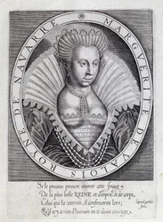 Porträtt av Marguerite de Valois (1553 - 1615) känd som drottning Margot. Gravyr av 1500-talet. Pau, Musée du Chateau
