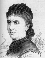 Porträtt av Maria Favart (Pierrette Ignace Pingaud, dit) (1833-1908), fransk komiker, medlem av Comedie Francaise. Gravyr i "" Le Monde Illustré"" nr 1168 av 16 augusti 1879.