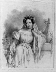 Porträtt av Maria Garcia kallad Malibran (1808-1836) sångerska i "Norma" av Bellini