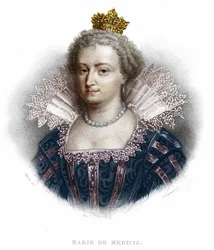 Porträtt av Maria av Medici (1573 - 1642), fru till Henrik IV och mor till Ludvig XIII. Gravyr från 1836