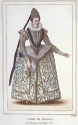 Porträtt av Maria av Medici (1573 - 1642), fru till Henrik IV och mor till Ludvig XIII. Gravyr från 1830