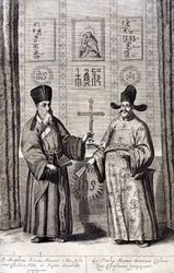 Porträtt av Matteo Ricci (till vänster), italiensk jesuit och Paul Ly, stor propagator för kristen tro i Kina, gravyr av "De China monumenta" av Athanasius Kircher (1601 - 1680), jesuit, orientalist och tysk lärd, Amsterdam 1667.