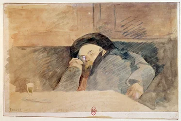 Porträtt av Paul Verlaine (1844-1896), fransk poet, sovande på caféet Procope i Paris. Akvarell av 1800-talet. Paris, B.N.