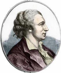 Porträtt av Pierre Augustin Caron de Beaumarchais (1732 - 1799), fransk författare och dramatiker. gravyr från 1866.