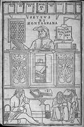 Porträtt av Pietro da Montagnana, en läkarlärare från Padu omgiven av grekiska och arabiska medicinska böcker, och tre patienter som väntar på att få sin urin undersökt.