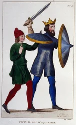 Porträtt av Pépin II (823 - 864), kung av Aquitaine. gravyr från 1830.