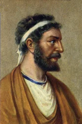 Porträtt av Pythagoras, grekisk filosof, matematiker och vetenskapsman (560-480 f.Kr.).Pythagoras (Pitagora) (ca 560-480 f.Kr.), grekisk filosof och vetenskapsman. Matematik.