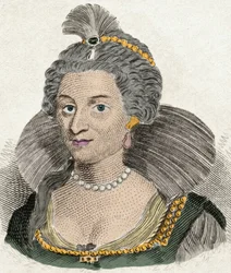 Porträtt av drottning Anne av Danmark drottning av England (1574-1619), hustru till kung James I av England (1566-1625). Gravyr av 1800-talet