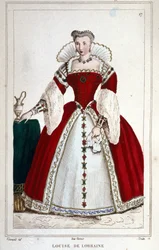 Porträtt av drottning Louise av Lorraine (1553 - 1601), fru till Henrik III. Gravyr från 1830.