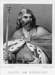 Porträtt av Raoul eller Rodolphe av Bourgogne (? - 936), hertig av Bourgogne och kung av Frankrike - i "Histoire des Français" av Lavallée, gravyr, sd.