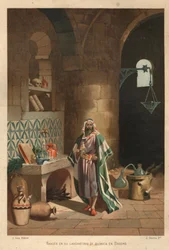 Porträtt av Rhases (Rhazes, Razi, Al-Razi, Razis eller Rases) (840-923) persisk vetenskapsman) i sitt laboratorium i Bagdad. Barcelona 1881