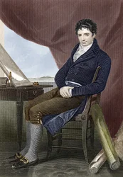 Porträtt av Robert Fulton (1765 - 1815), amerikansk skeppsbyggnadsmekaniker (Nautilus). Gravyr av 1800-talet.