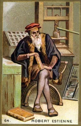 Porträtt av Robert I Estienne (1498 - 1559) humanist, förläggare och tryckare. Kromolitografi av 1800-talet.