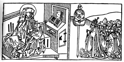Porträtt av Sankta Brigitte av Sverige (1103 - 1373). Gravyr från "Leben der Heiligen - sommerteil" (Helgonets bok) av Jacobus (James) av Voragine (1228-1298). Lübeck 1488.
