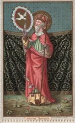 Porträtt av Saint Remi (437-533) (Saint Remigius, Remy Remigio) besök av den Helige Andes duva (Helige Ande). Kromolitografi från slutet av 1800-talet.