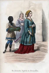Porträtt av Sibylla av Jerusalem (Jerusalems sibylla) (ca 1160-1190), prinsessa och sedan drottning av Jerusalem. Gravyr från 1842 i «Histoire des popes» av Maurice Lachâtre. Privatsamling.