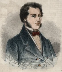 Porträtt av Sir James Brooke, känd som Rajah of Sarawak (1803-1868) Brittisk äventyrare första vita rajah av Sarawak. Gravyr i ”Le Monde illustrious”” från 1857. Privat samling.