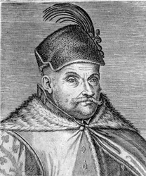Porträtt av Stephen I Bathory (1533-1586), prins av Transsylvanien och kung av Polen. Gravyr av 1500-talet
