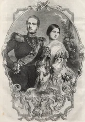 Porträtt av deras kungliga högheter prinsessan Victoria (1840-1901) (drottning Victoria) och kronprins Fredrik William av Preussen (1831-1888). Gravyr från 1858.