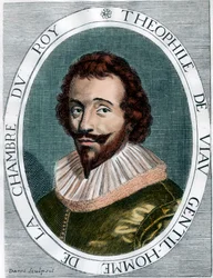 Porträtt av Theophile De Viau (1590 - 1626) poet francais. Gravyr av 1600-talet. Privat samling.