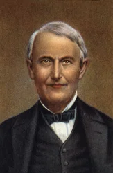 Porträtt av Thomas Alva Edison, amerikansk vetenskapsman och uppfinnare.