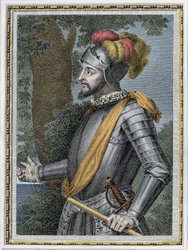 Porträtt av Vasco Nunez de Balboa, spansk erövrare (1475-1517) - Gravyr från 1800-talet