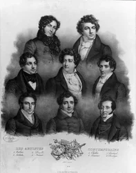 Porträtt av olika operasångare: 1 Giovanni Battista Rubini (1794-1854) 2 Luigi Lablache (1794-1858) 3 Domenico Donzelli (1790-1873) 4 Adolphe Nourrit (1802-1839) 5 Choblet; 6 Nicolas prosper Levasseur (Vasseuren) (1791-1871) 7 Louis Antoine Ponchard