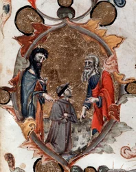 Porträtt av den italienska poeten Dante Alighieri med Vergilius och Charon, i den gudomliga komedin - miniatyr