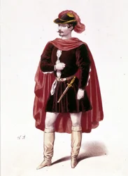 Porträtt av den franske tenoren Louis Gueymard (1822 - 1880) i rollen som Henri i första akten av "I vespri siciliani" (Den sicilianska vepres) av Giuseppe Verdi