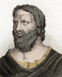 Porträtt av den grekiske filosofen Herakleitos från Efesos (576-480 f.Kr.) (Herakleitos från Efesos). Gravyr från 1800-talet.