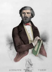 Porträtt av den italienska kompositören Giuseppe Verdi (1813 - 1901) med partituren för "" i Due Foscari"" gravyr från 1844.