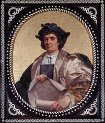Porträtt av den italienske navigatören Christopher Columbus (Christopher Columbus, Cristoforo Colombo, Cristobal Colon) (1451-1506) Mosaique