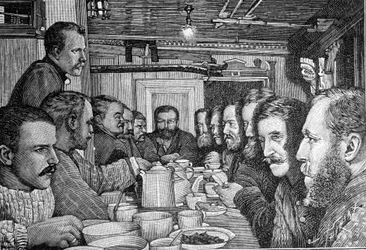 Porträtt av den norske upptäcktsresanden Fridtjof Nansen (1861-1930), vetenskapsman och diplomat, som tillkännager sin plan att närma sig nordpolen för besättningen på fartyget Fram omkring 1897. Gravyr