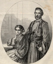 Porträtt av prinsen av Serbien Michael III (1823-1868) och prinsessan Julie (1831-1919). Gravyr i "" L