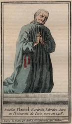 Porträtt av den franske alkemisten Nicolas Flamel (1330-1418) - Gravyr - Porträtt av den engelske alkemisten Nicolas Flamel - Gravyr Privat samling