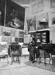 Porträtt av målaren Claude Monet (1840 - 1926) i hans ateljé.