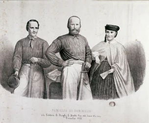 Porträtt av patrioten och hjältarna i Risorgimento Giuseppe Garibaldi (1807-1882) mellan Teresita, hans dotter och hans fru Stefano Canzio. Litografi av 1862 Privat samling
